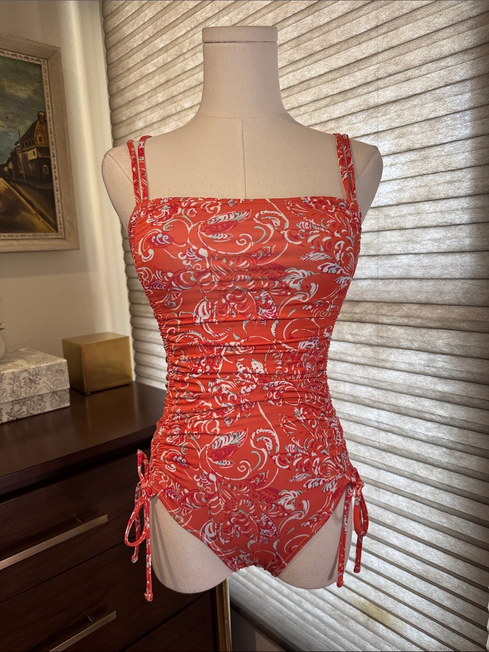 Carve Designs Jessa One Piece Swimsuit in Vibrant Coral-Orange Paisley. Size XS
